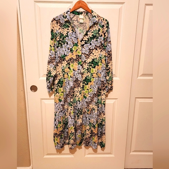 H&M Blue Green Floral Midi Collared Shirt Dress Size M - Picture 1 of 7